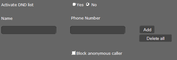 Ustawienia telefonu w konfiguratorze internetowym Lista blokowania (tryb nie przeszkadzać ) Można blokować poszczególne numery telefonów i/lub wszystkie połączenia anonimowe.