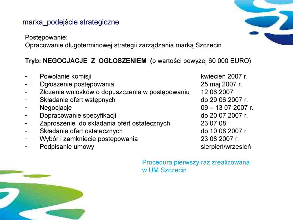 specyfikacji Zaproszenie do składania ofert ostatecznych Składanie ofert ostatecznych Wybór i zamknięcie postępowania Podpisanie umowy kwiecień 2007 r.