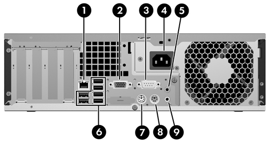 Elementy panelu tylnego Rysunek 1-4 Elementy panelu tylnego Tabela 1-3 Elementy panelu tylnego 1 Złącze sieciowe RJ-45 6 Port USB (Universal Serial Bus) 2 Złącze monitora VGA 7 Złącze myszy PS/2