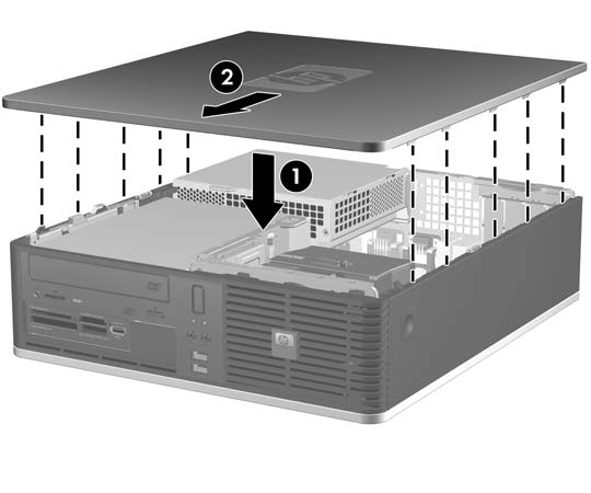Zakładanie panelu dostępu komputera Dopasuj wypustki na panelu dostępu do szczelin w podstawie montażowej (1), a następnie wsuń panel