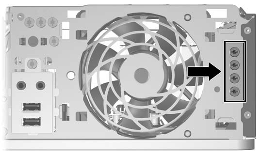 Rysunek 2-20 Położenie wkrętów prowadzących M3 dodatkowego napędu optycznego OSTROŻNIE: Aby zapobiec utracie danych, uszkodzeniu komputera lub napędu, należy postępować zgodnie z poniższymi