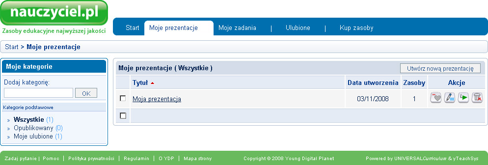 Rys. 2.4. Zakładka Moje prezentacje Nauczyciele mogą ponadto edytować niektóre zasoby użyte w prezentacji, korzystając z panelu nauczycielskiego. Udostępnia on szereg opcji (np.