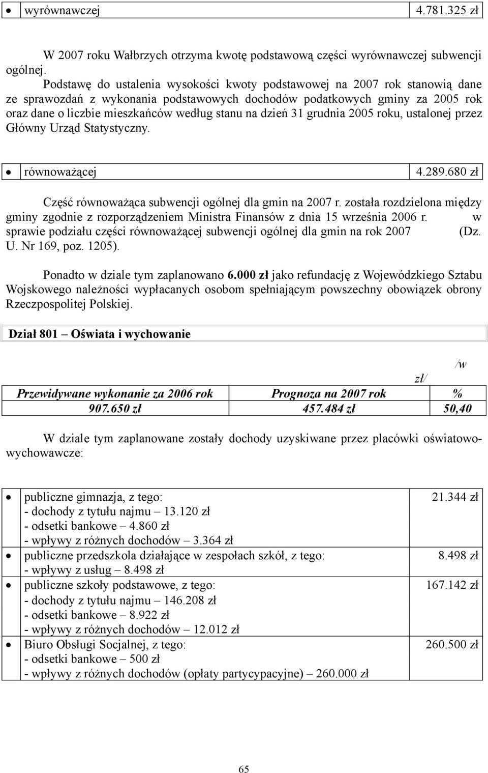 na dzień 31 grudnia 2005 roku, ustalonej przez Główny Urząd Statystyczny. równoważącej 4.289.680 zł Część równoważąca subwencji ogólnej dla gmin na 2007 r.