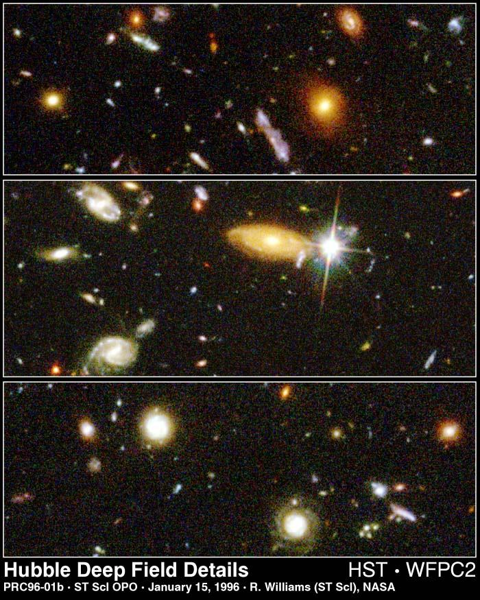 Rys. 3. Odległe galaktyki zaobserwowane w głębokim polu Hubble'a. Innym ekscytującym zagadnieniem współczesnej astronomii są obserwacje planet poza Układem Słonecznym.