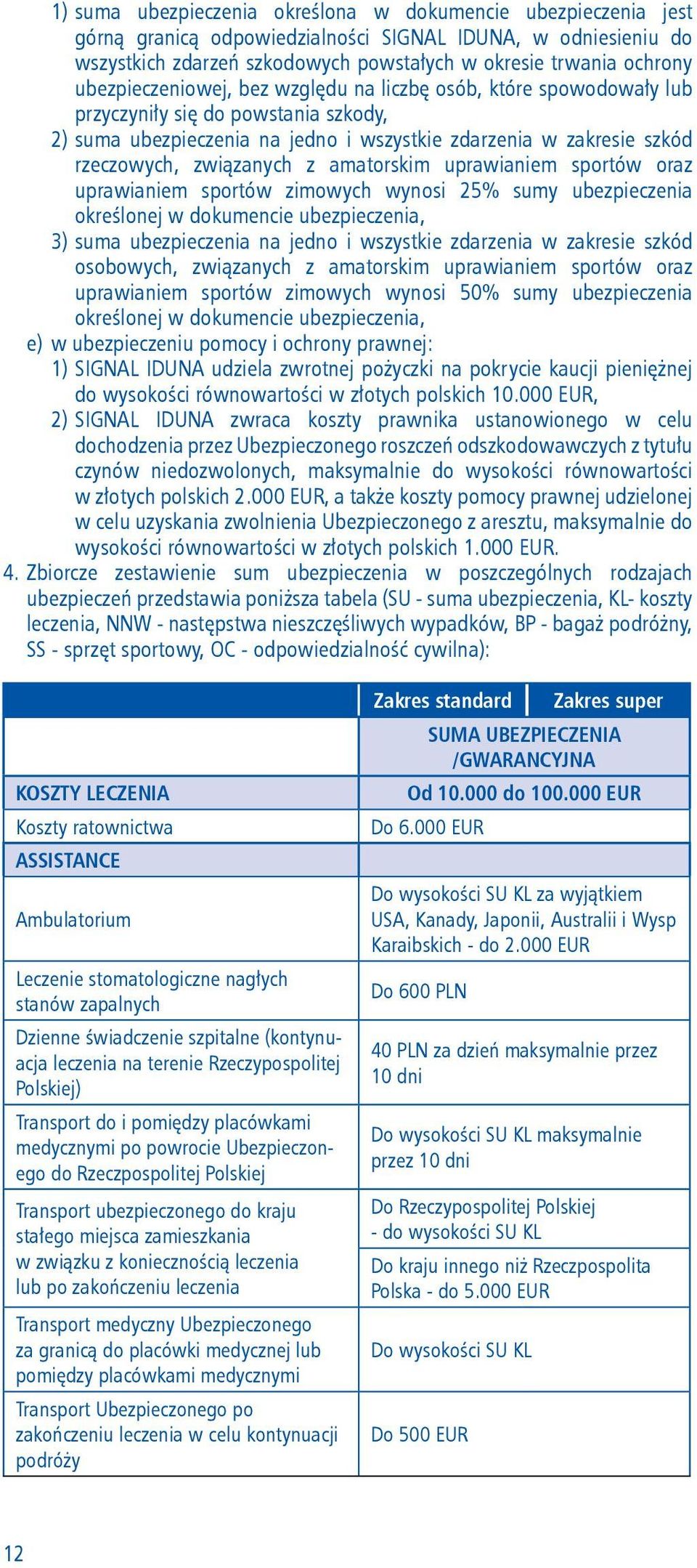 amatorskim uprawianiem sportów oraz uprawianiem sportów zimowych wynosi 25% sumy ubezpieczenia określonej w dokumencie ubezpieczenia, 3) suma ubezpieczenia na jedno i wszystkie zdarzenia w zakresie