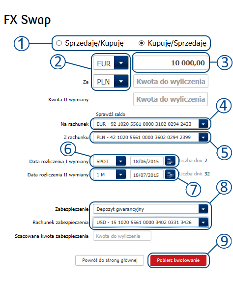 Następnie wybrać typ zabezpieczenia transakcji. Dla transakcji FX Swap dostępne są dwa typy zabezpieczenia transakcji: o zawarcie transakcji pod limit, jeśli taki został klientowi przyznany.