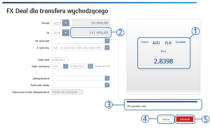 Parametry transakcji w tej części prezentowane są wszystkie dane transakcji na podstawie wprowadzonych na poprzednim ekranie informacji. Na tym ekranie nie ma możliwości edycji parametrów transakcji.