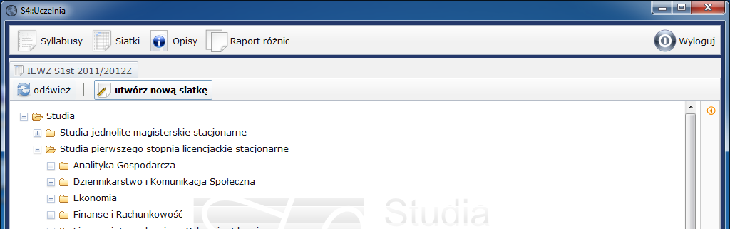 6.3. TWORZENIE I EDYCJA PROGRAMU KSZTAŁCENIA Aby utworzyć nowy program kształcenia należy najpierw kliknąć w przycisk (lewy górny róg ekranu) a następnie wybrać przycisk.