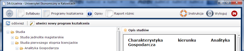 Aby użytkownik mógł zobaczyć opis kierunku należy go utworzyć poprzez kliknięcie w. Tworzenie i edycja opisów specjalności odbywa się podobnie.