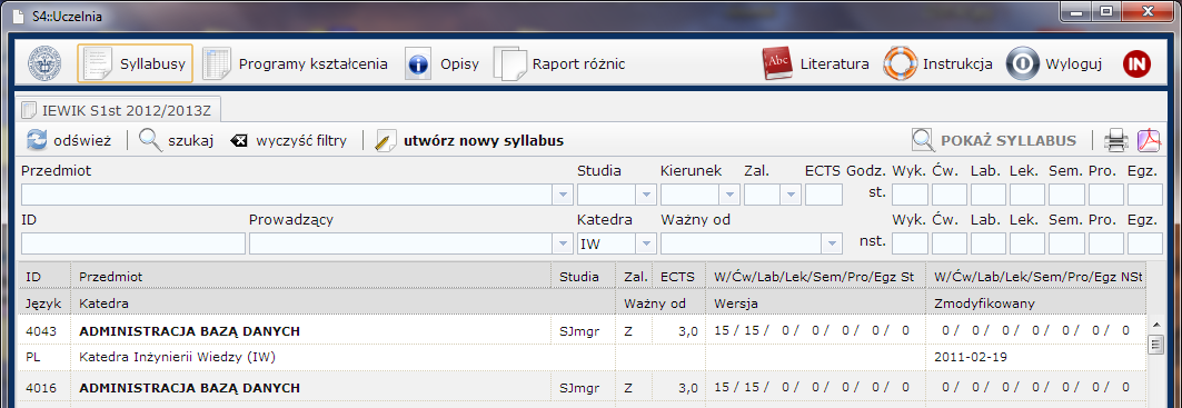 7.3. TWORZENIE I EDYCJA SYLABUSA Aby utworzyć nowy sylabus należy kliknąć przycisk a następnie wybrać przycisk.