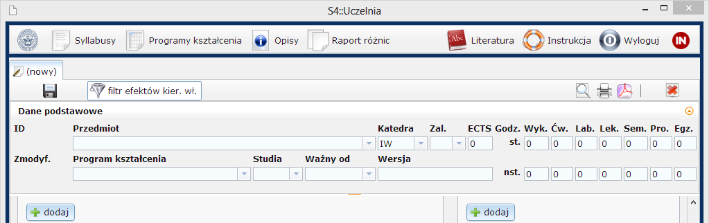 ŁĄCZENIE SYLABUSA Z PROGRAMEM KSZTAŁCENIA Aby sylabus został podłączony dynamicznie do programu kształcenia należy prawidłowo uzupełnić: nazwę przedmiotu, rodzaj studiów, liczbę punktów ECTS, liczbę