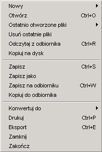 5 Funkcje 5.a Funkcje plików Proszę kliknąć przycisk "Plik" w głównym oknie programu.