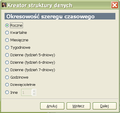 Ręczne wprowadzanie danych Wybieramy z Menu: Plik Nowy zbiór danych. liczba obserwacji: 7, struktura: szeregi czasowe, okresowość: roczne, obserwacja startowa: 1997, zazn.