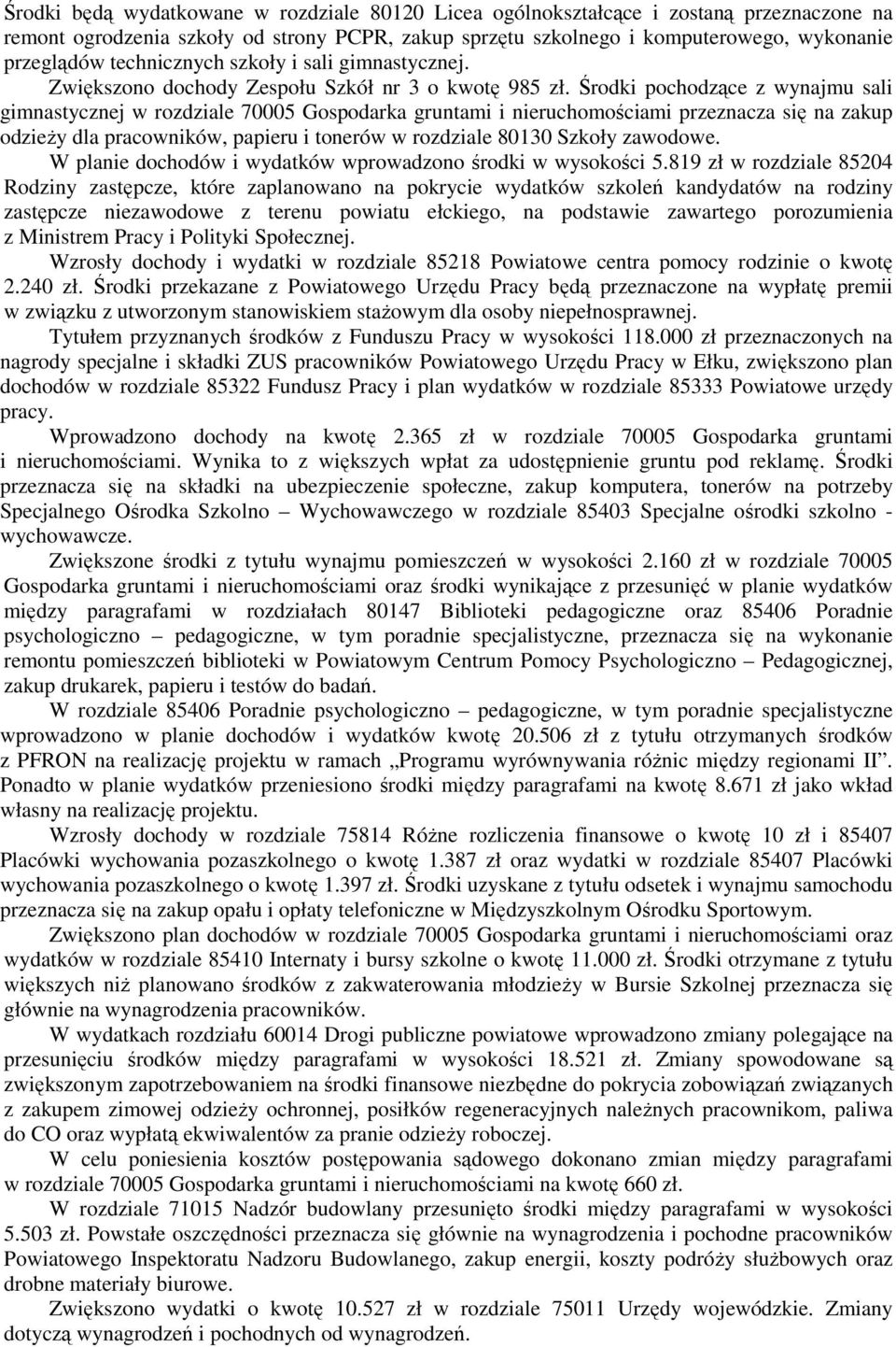 Środki pochodzące z wynajmu sali gimnastycznej w rozdziale 70005 Gospodarka gruntami i nieruchomościami przeznacza się na zakup odzieży dla pracowników, papieru i tonerów w rozdziale 80130 Szkoły