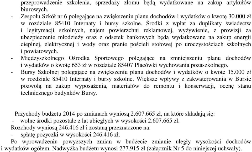 Środki z wpłat za duplikaty świadectw i legitymacji szkolnych, najem powierzchni reklamowej, wyżywienie, z prowizji za ubezpieczenie młodzieży oraz z odsetek bankowych będą wydatkowane na zakup