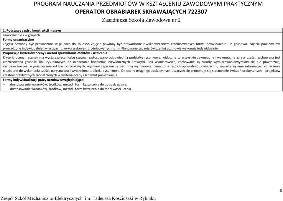 Zajęcia powinny być prowadzone indywidualnie i w grupach z wykorzystaniem zróżnicowanych form. lanowane zadania(ćwiczenia) uczniowie wykonują indywidualnie.