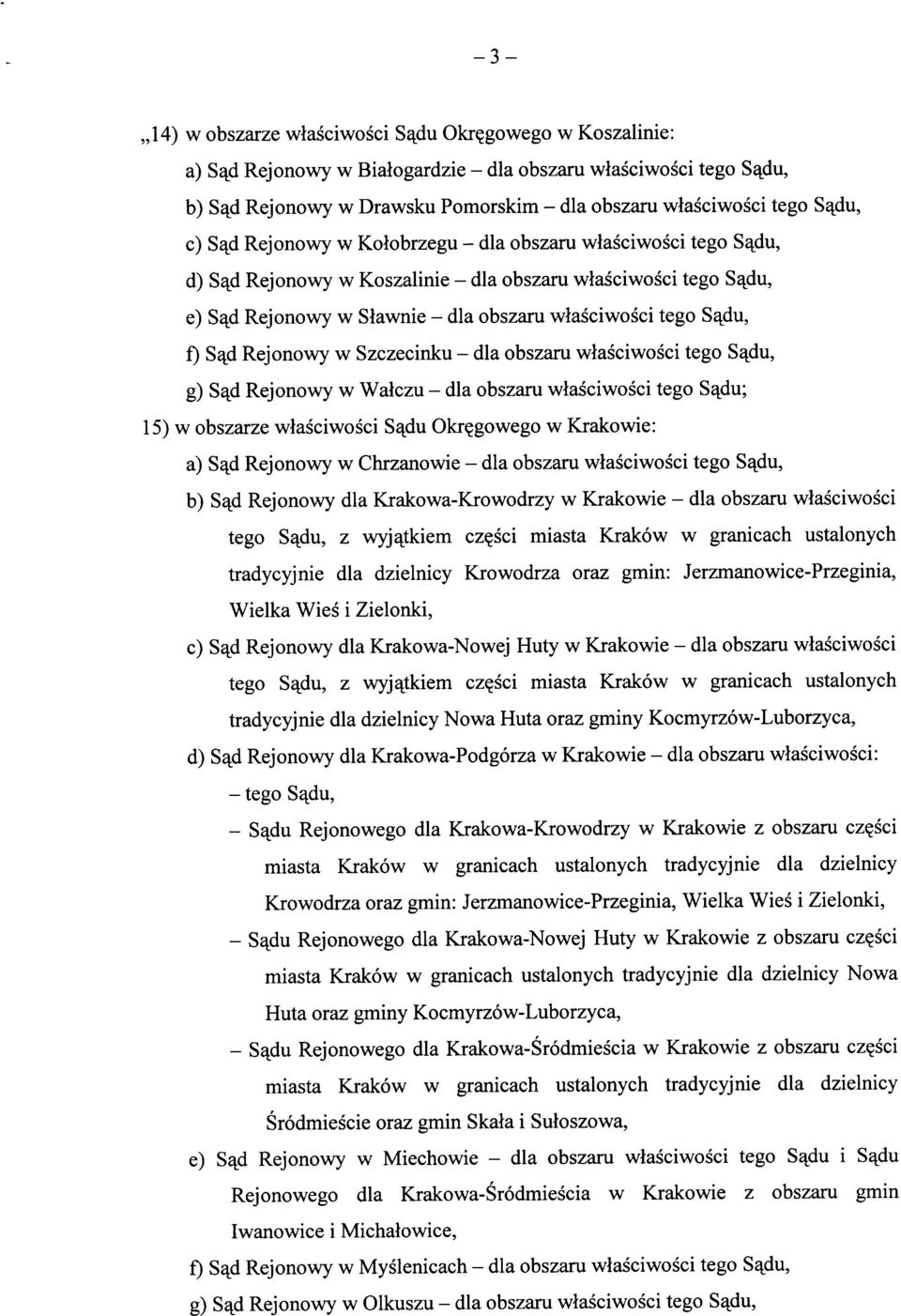 S^du, f) S^d Rejonowy w Szczecinku - dla obszaru wiasciwosci tego S^du, g) S^d Rejonowy w Waiczu - dla obszaru wiasciwosci tego S^du; 15) w obszarze wiasciwosci S^du Okr^gowego w Krakowie: a) S^d