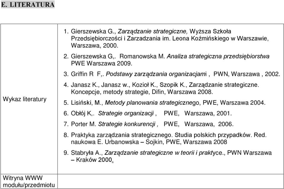 , Zarz¹dzanie strategiczne. Koncepcje, metody strategie, Difin, Warszawa 2008. 5. Lisiñski, M., Metody planowania strategicznego, PWE, Warszawa 2004. 6. Obùój K,.