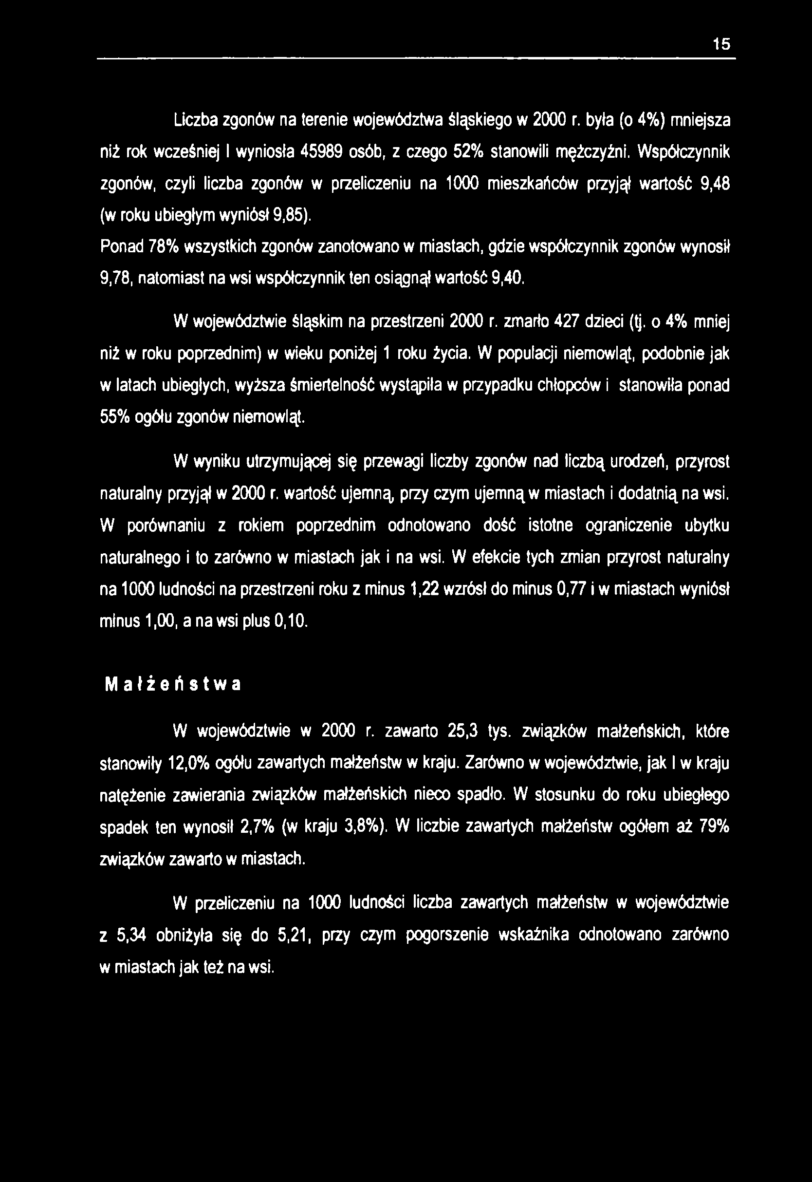 15 Liczba zgonów na terenie województwa śląskiego w 2000 r. byta (o 4%) mniejsza niż rok wcześniej i wyniosła 45989 osób, z czego 52% stanowili mężczyźni.