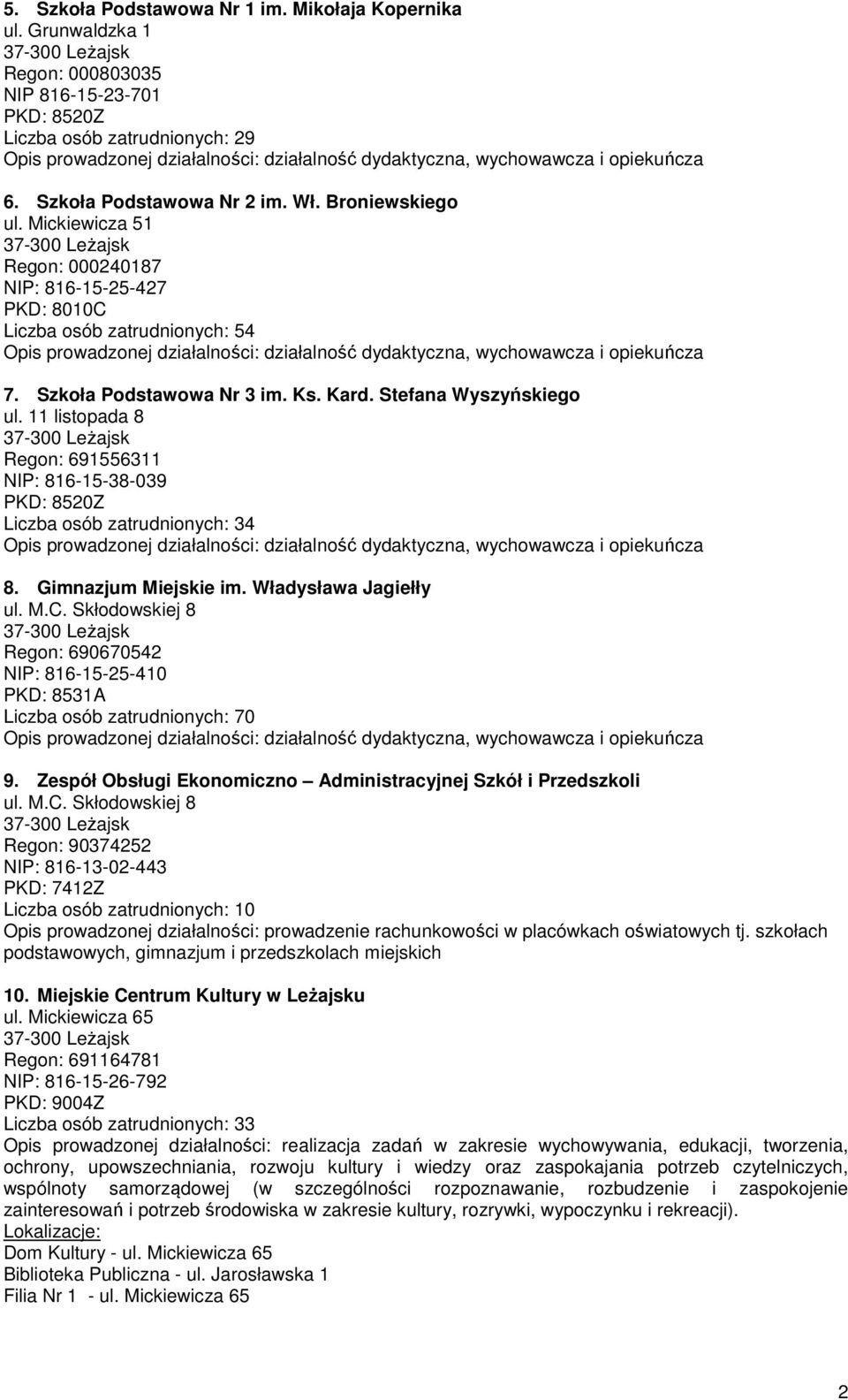 Wł. Broniewskiego ul. Mickiewicza 51 Regon: 000240187 NIP: 816-15-25-427 PKD: 8010C Liczba osób zatrudnionych: 54 Opis prowadzonej działalności: działalność dydaktyczna, wychowawcza i opiekuńcza 7.