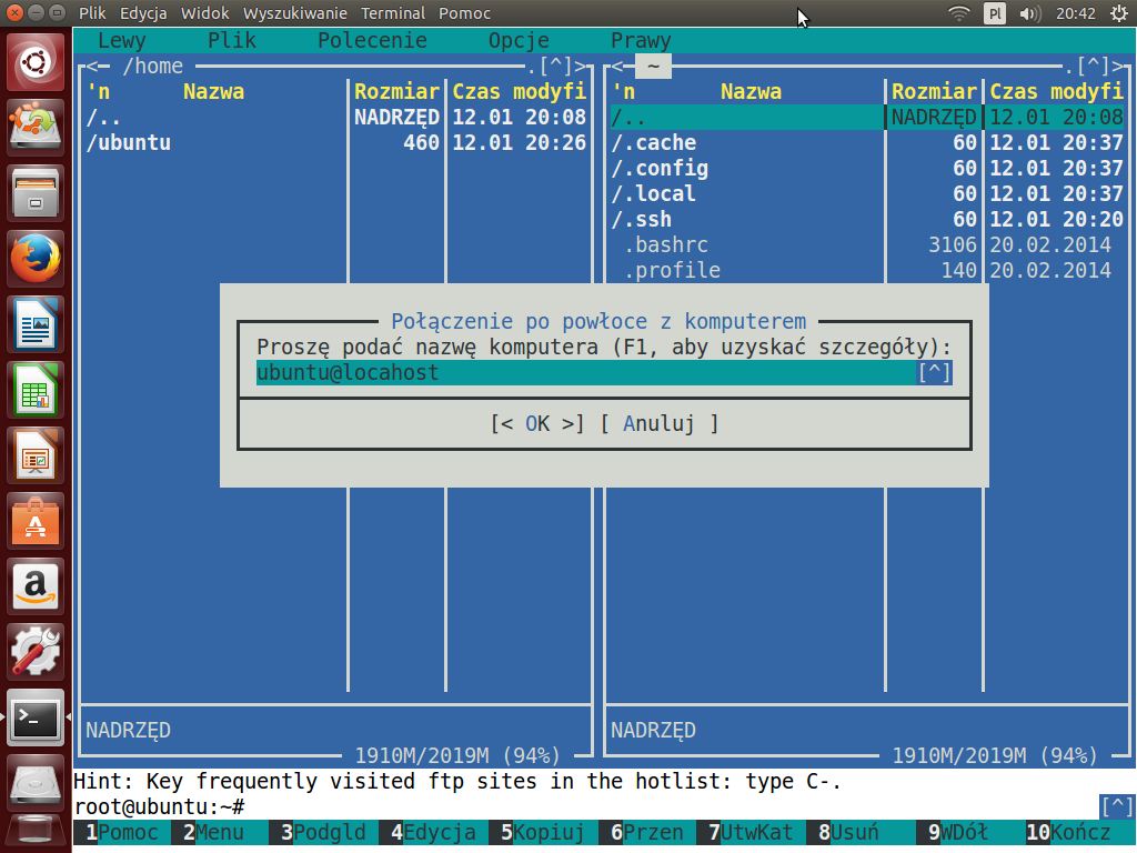 Z usługą ssh możemy również połączyć się poprzez menedżera plików Midnight Commander.