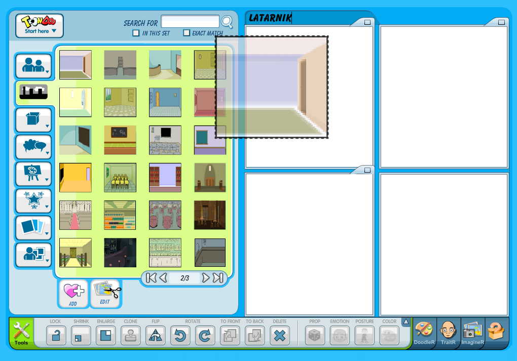 Pod klawiszem ToonDoo Start here znajdują się zakładki, oznaczone ilustracjami, które zawierają pogrupowane: postacie, tła, przedmioty, chmurki, do których należy wpisać tekst, bohaterów komiksowych