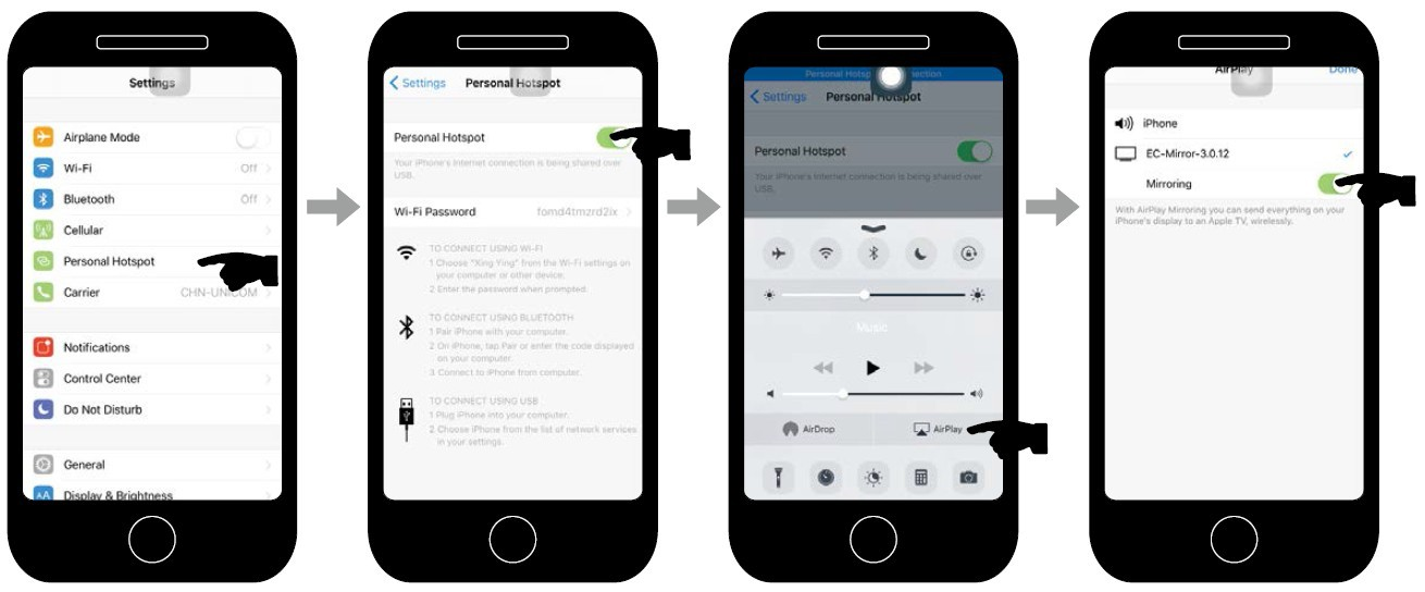 Ustawienia iphone Otwórz w swoim telefonie iphone funkcję Personal Hotspot i połącz go kablem USB z GMS 6818. 1. Otwórz Centrum sterowania iphone i kliknij AirPLay 2.