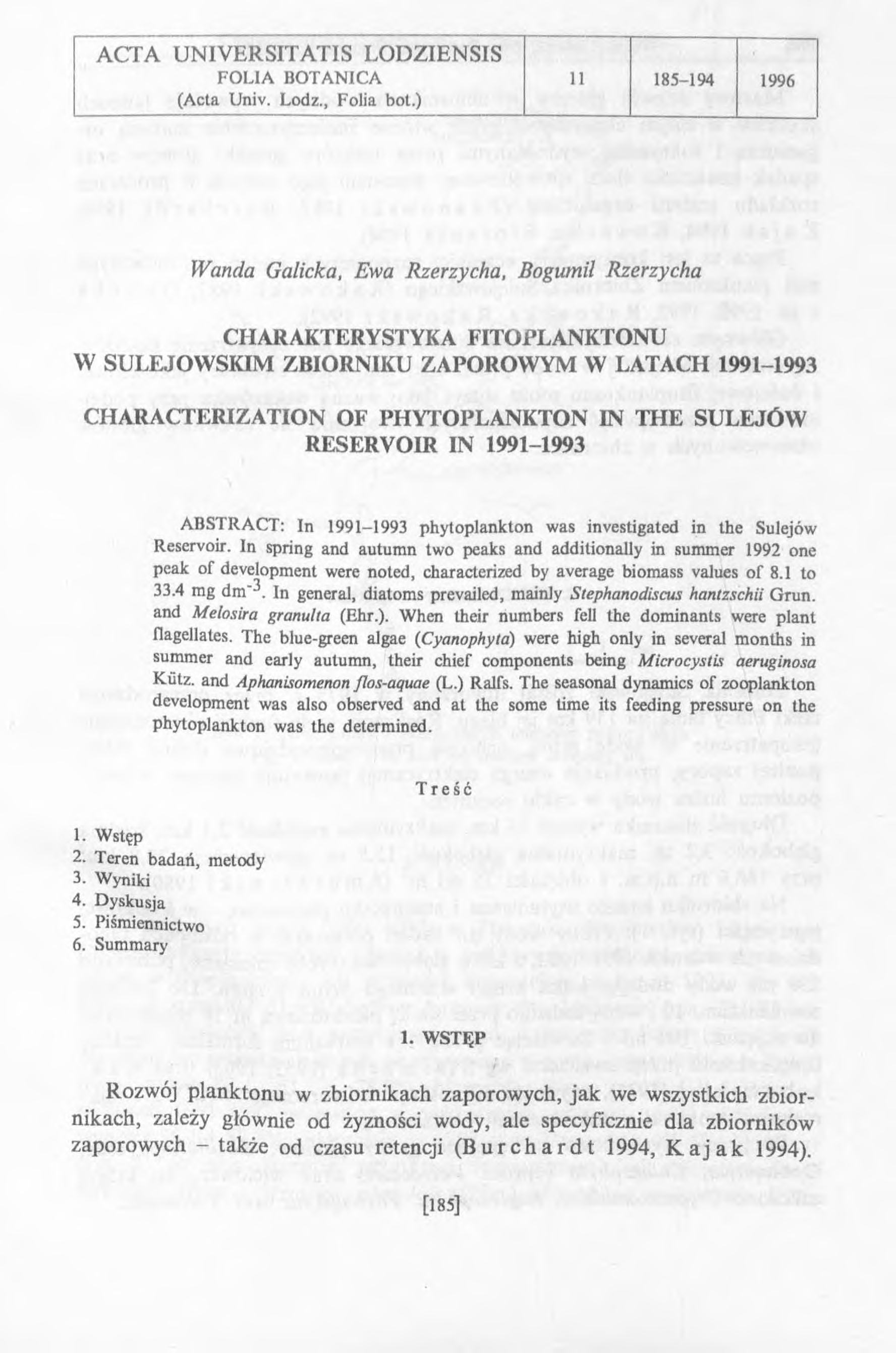 A C T A U N IV E R S IT A T IS L O D Z IE N S IS FOLIA BOTANICA 11 185-194 1996 (Acta Univ. Lodz., Folia bot.