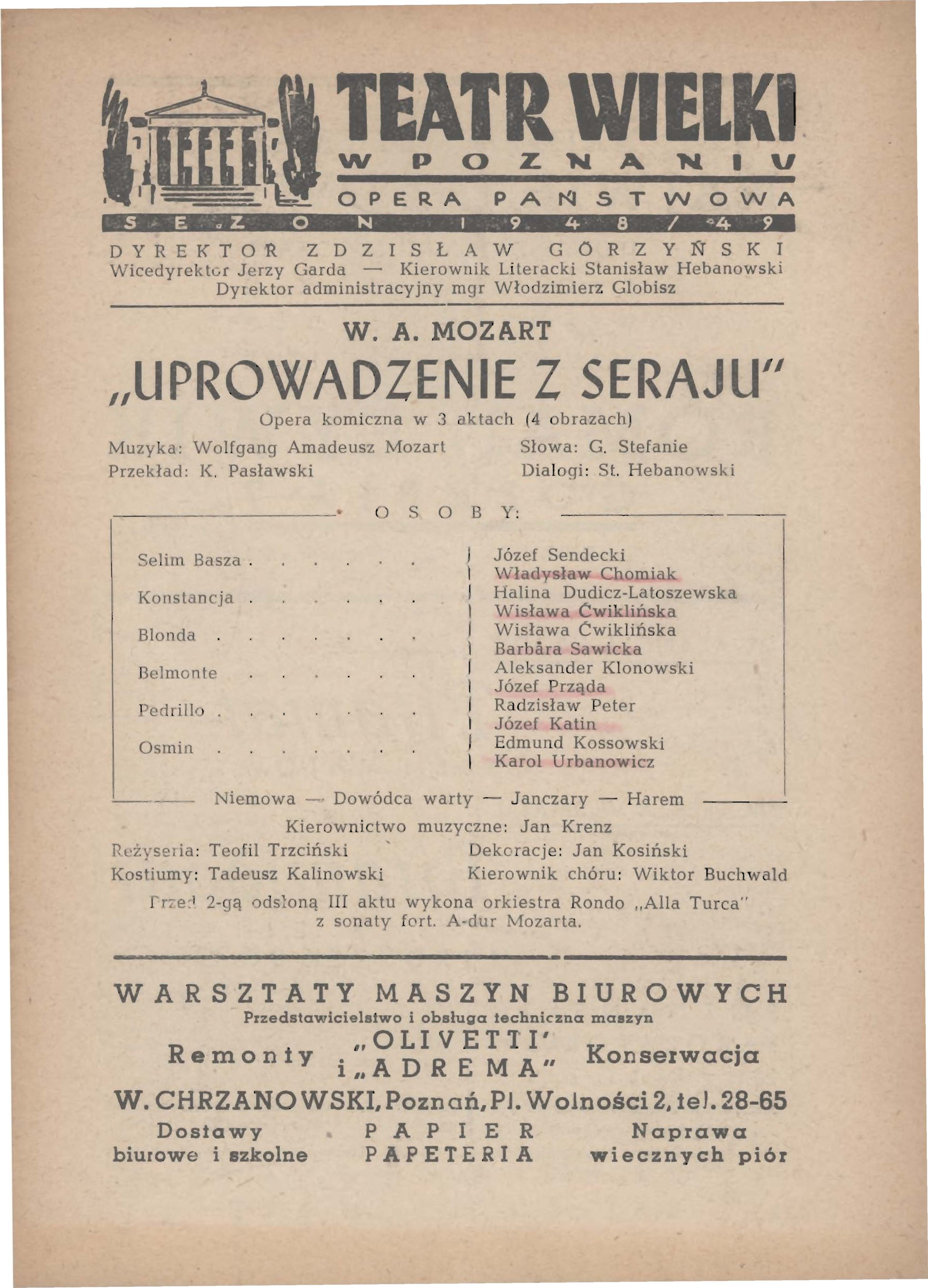 S E Z O """ I 9 4 8 I "4 9 DYREKTOR ZDZISŁAW GORZYŃSKY \Nicedyrektvr Jerzy Garda - Kierownik Literacki Stanisław Hebanowski Dyrektor administracyjny mgr Włodzimierz Globisz W. A.