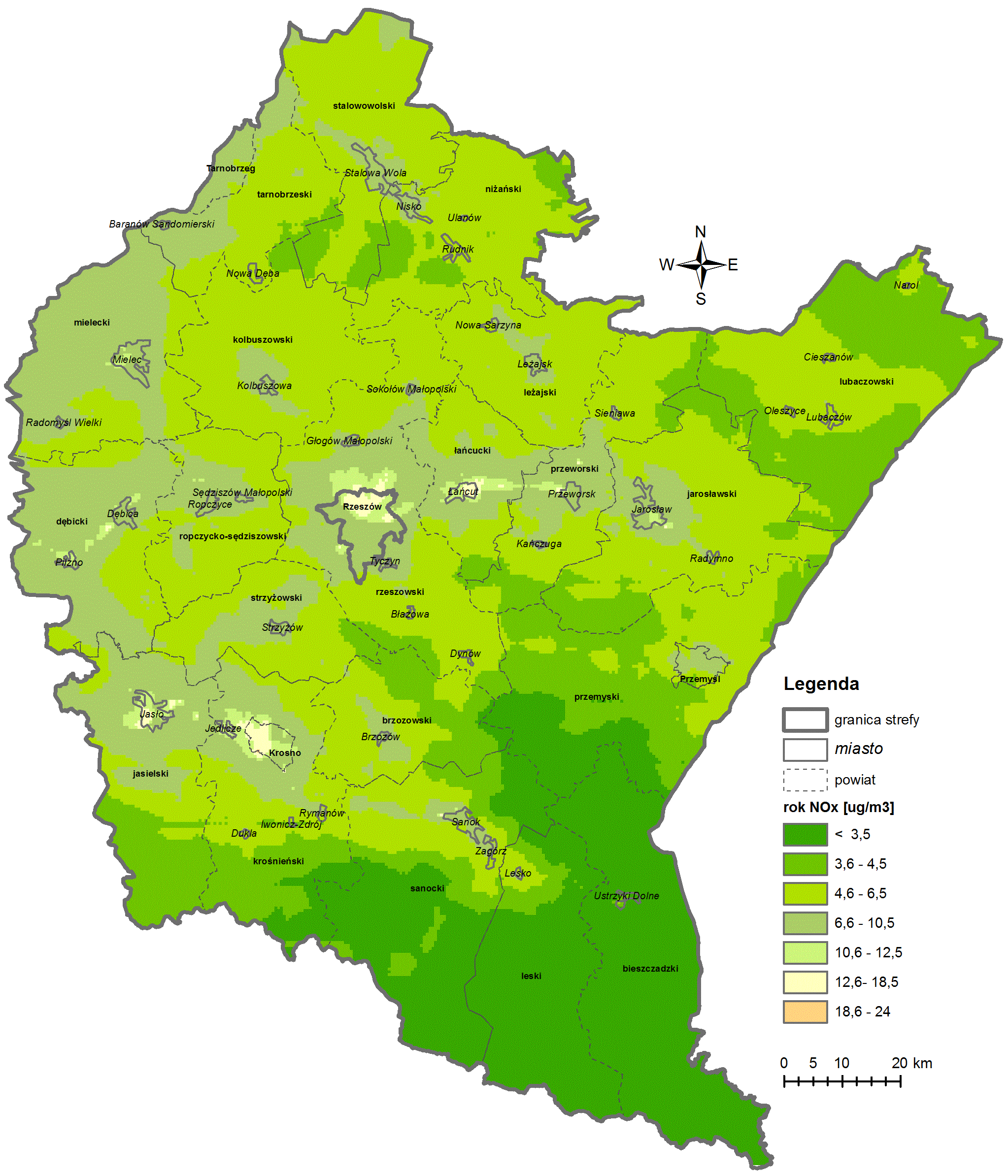 Ryc. 8.2.2. Rozkład stężeń średniorocznych tlenków azotu w województwie podkarpackim w 214 r.