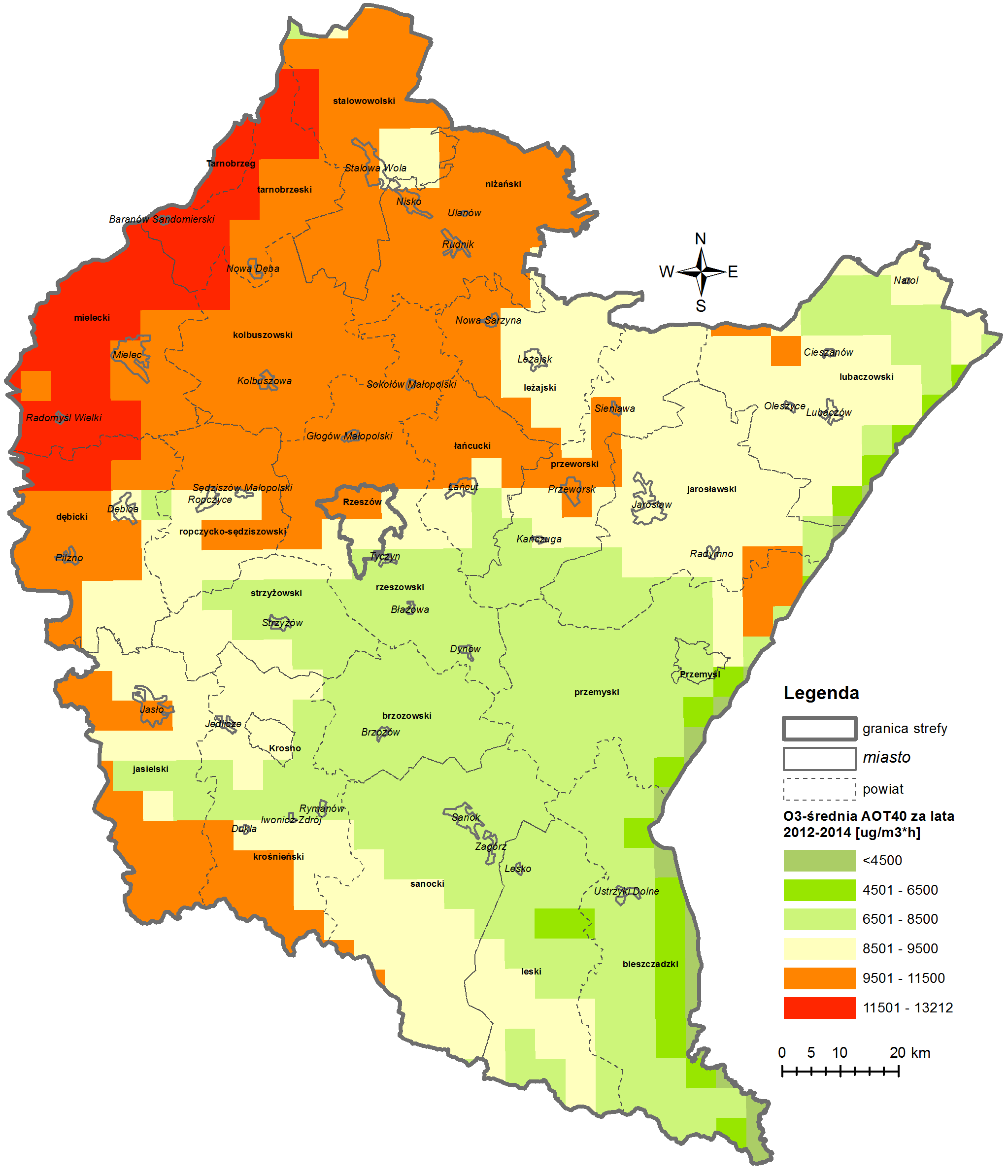 Ryc. 8.3.2. AOT4 w województwie podkarpackim za lata 212-214- wyniki modelowania (źródło: [1]) Wykorzystując wyniki modelowania za 214 r.