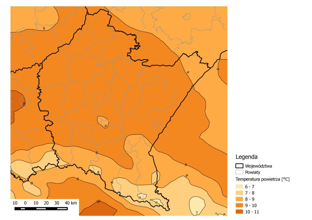 Ryc. 6.2.1. Rozkład średniej rocznej wartości temperatury powietrza [ C] w województwie podkarpackim w 214 r.