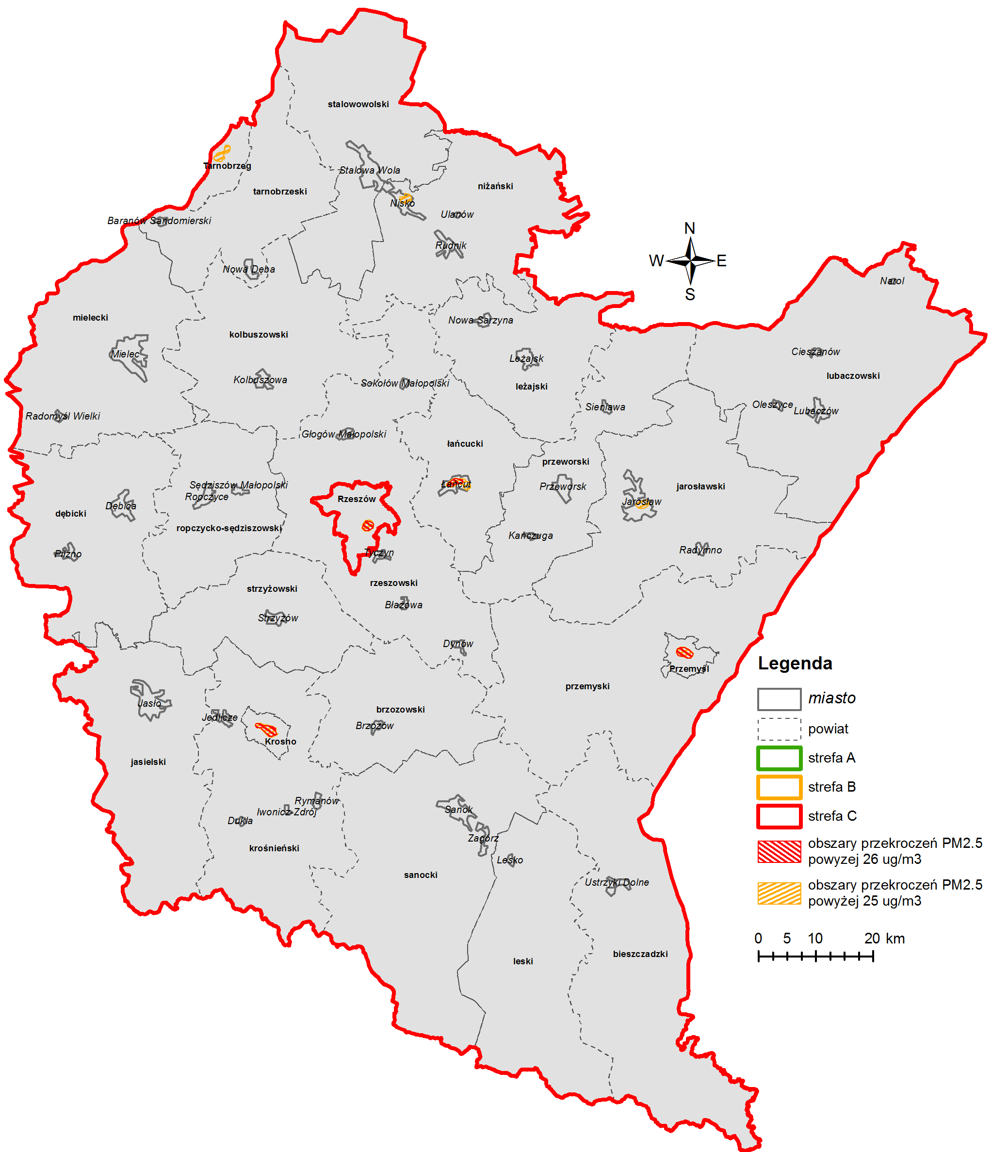 W przypadku przekroczenia poziomu dopuszczalnego pyłu PM2.5 zdiagnozowano w 214 r. w województwie podkarpackim 7 obszarów przekroczeń o łącznej powierzchni 25,5km 2.