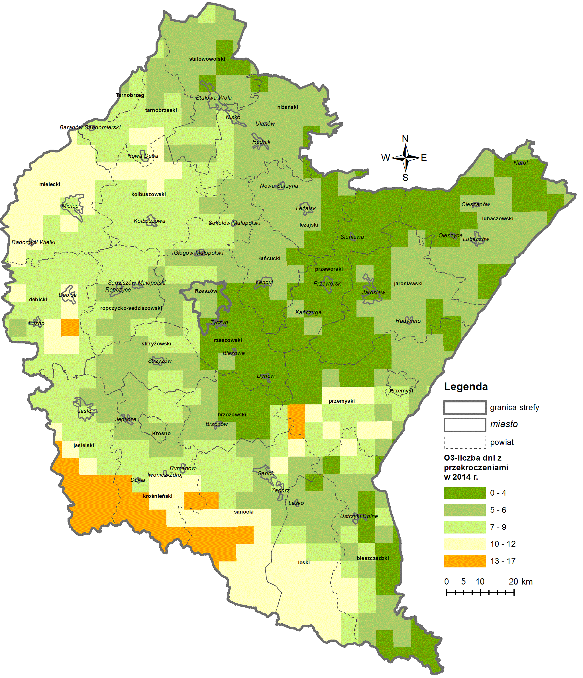 Ryc. 7.4.3. Liczba dni z przekroczeniami wartości docelowej ozonu w województwie podkarpackim wyniki modelowania dla 214 r.