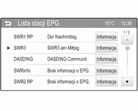 30 Radioodtwarzacz odbieranego programu lub aktualnie nadawanego utworu, na przykład tytuł, wykonawca, rodzaj muzyki, wiadomości lub komunikaty drogowe.