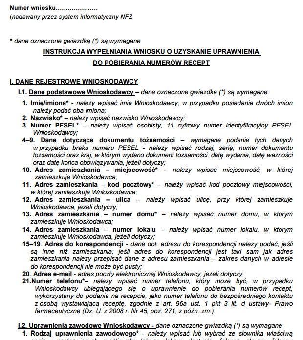 Wnioski i inne informacje wniosek o uzyskanie uprawnienia do pobierania numerów recept Instrukcja