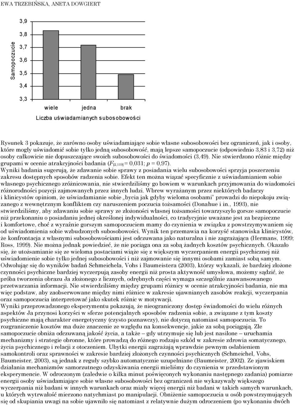 subosobowości do świadomości (3,49). Nie stwierdzono różnic między grupami w ocenie atrakcyjności badania (F [2,119] = 0,031; p = 0,97).