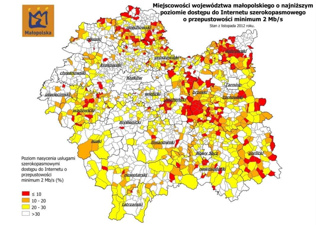 Kryterium regionalne, które obowiązywało w dotychczasowych konkursach punkty w ramach kryterium regionalnego będą przydzielane jeśli poziom nasycenia usługami szerokopasmowego dostępu do Internetu o