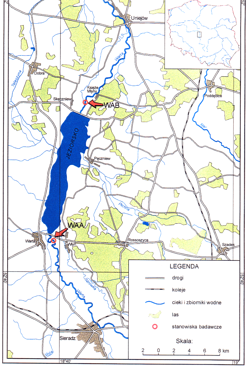 Wpływ nizinnego zbiornika zaporowego na biocenozę rzeki 2 TEREN BADAŃ Stanowiska badawcze znajdowały się w siedmiorzędowym odcinku rzeki Warty: WAA (w naturalnym odcinku) około 2 km w górę od cofki
