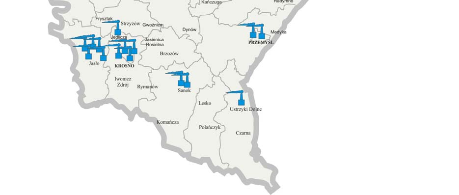 Mapa. 4.1 Rozmieszczenie dużych źródeł emisji pyłów w województwie podkarpackim Znaczącym źródłem emisji zanieczyszczeń pyłowych do powietrza w regionie jest indywidualne ogrzewanie mieszkań.