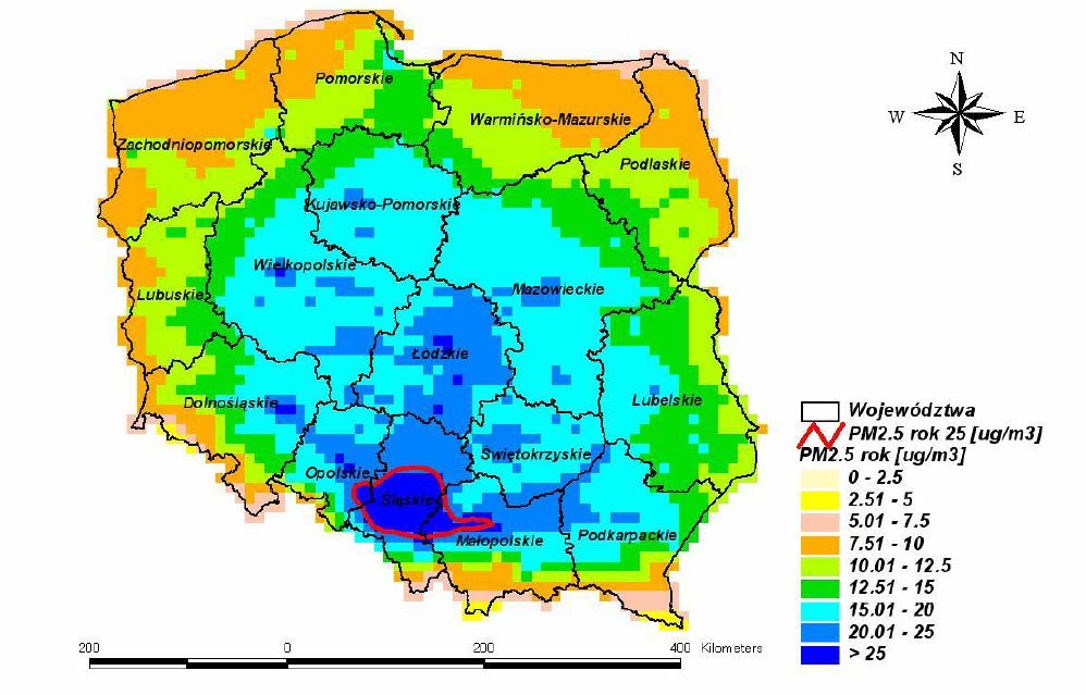 Ryc. 5.16 Prognoza stężeń średniorocznych pyłu PM10 [µg/m3] w Polsce w 2020 roku [scenariusz CAFE ] (źródło: dane Ekometria) W zakresie pyłu PM2.