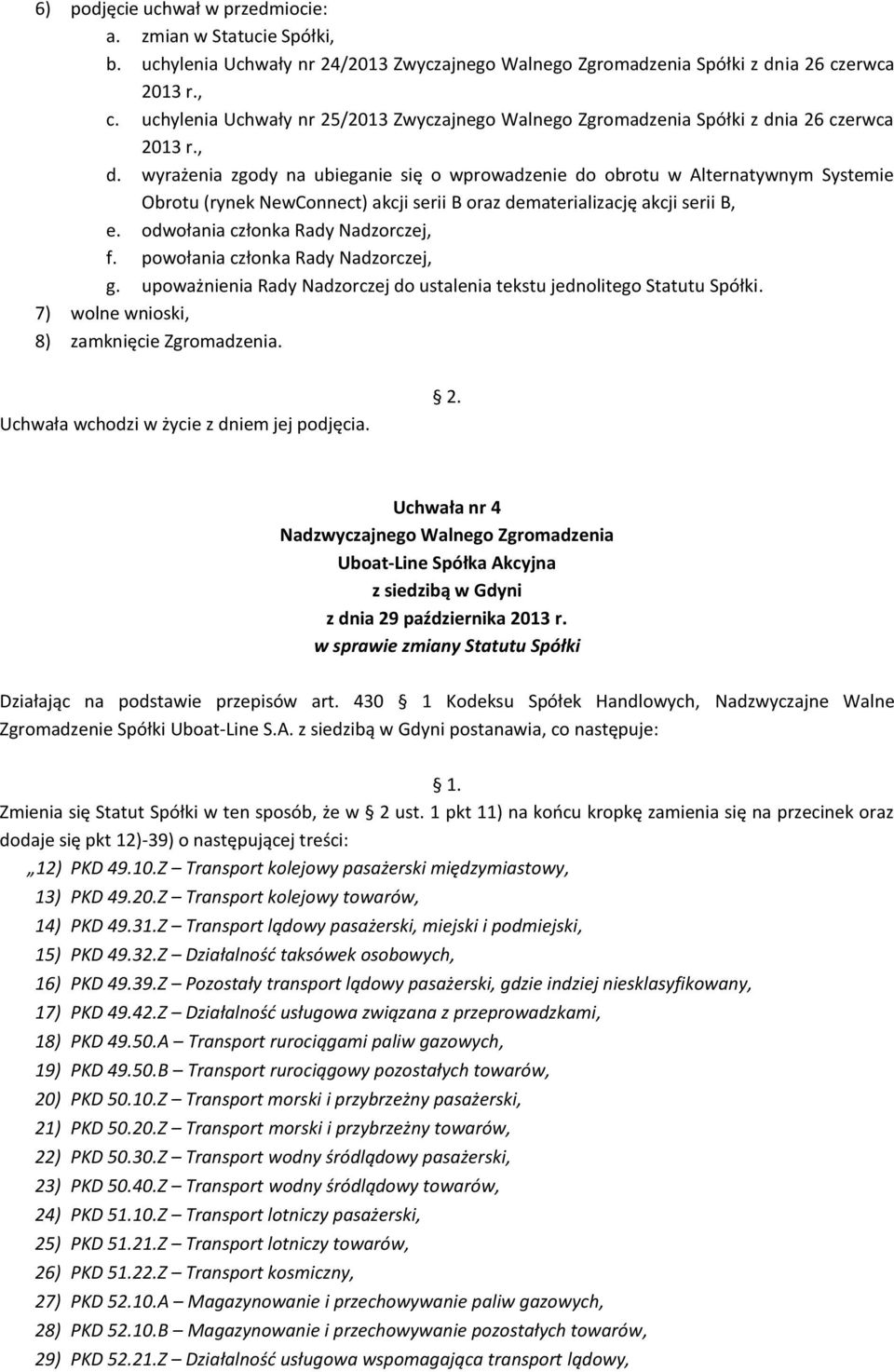 wyrażenia zgody na ubieganie się o wprowadzenie do obrotu w Alternatywnym Systemie Obrotu (rynek NewConnect) akcji serii B oraz dematerializację akcji serii B, e. odwołania członka Rady Nadzorczej, f.