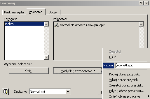 Wybrać z menu Narzędzia/Makro polecenie Zarejestruj nowe makro... ; W polu Nazwa makra wpisać nazwę NowyAkapit.