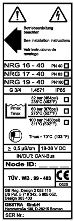 NRG 16-40 Strona 5 / 5 Tabliczka znamionowa / oznakowanie Montaż NRG 16-40, NRG 17-40, NRG 19-40 1. Wkręć pręt elektrody D w elektrodę pomiarową A, Fig.2 2.
