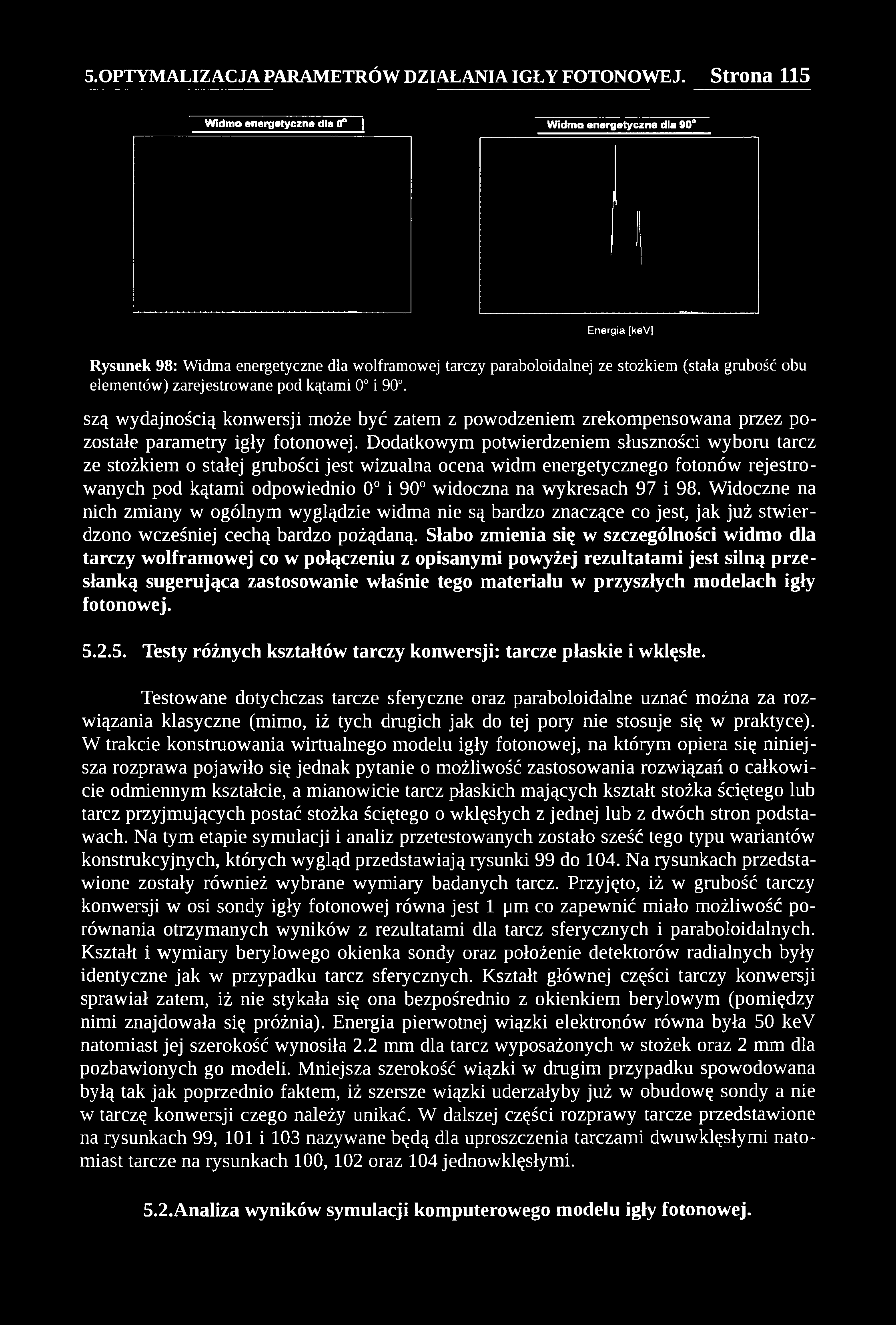 Widmo energetyczne dla 0 \ Widmo energetyczne dla 90" Energia [kev] Rysunek 98: Widma energetyczne dla wolframowej tarczy paraboloidalnej ze stożkiem (stała grubość obu elementów) zarejestrowane pod