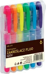 zakreślacz Fluo gr-219 trwały, wodoodporny tusz pigmentowy jaskrawe y przezroczysta obudowa pozwala na kontrolę zużycia tuszu ścięta końcówka o grubości 3,5 y: żółty,, pomarańczowy, zielony, różowy,