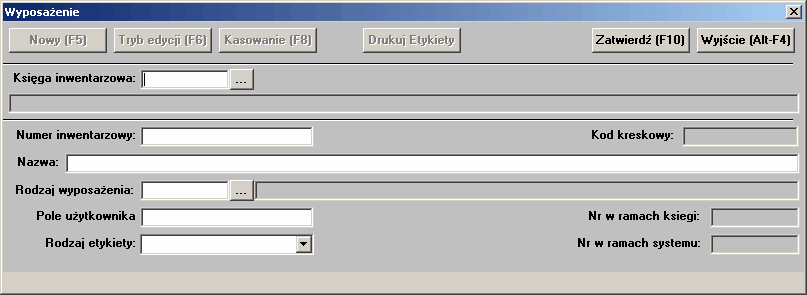 Księgi inwentarzowe Przyciski poleceń: Nowy [F5] - dodanie nowego wyposażenia - Dopisywanie wyposażenia 26.