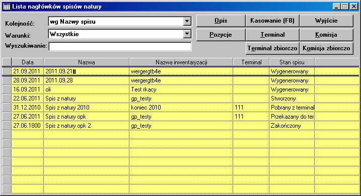Inwentaryzacja 7.2 Edycja arkusza Opcja Edycja arkusza wywołuje listę wszystkich arkuszy spisowych zdefiniowanych w systemie Wyposażenie.