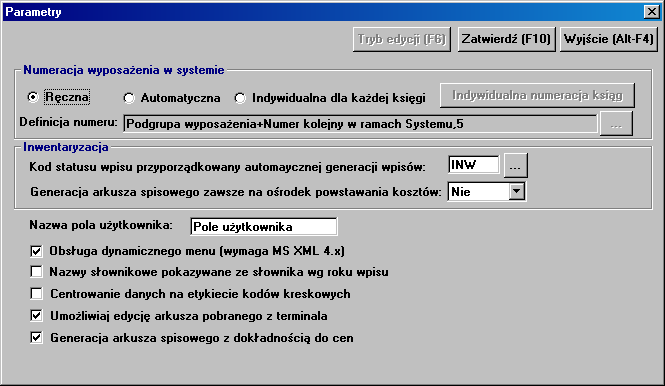 Pomoc Rozdział 9 Pomoc W menu tym znajdują się opcje pomocnicze. 9.1 Parametry W parametrach należy ustawić sposób numeracji wyposażenia w systemie oraz kod statusu wpisu przyporządkowany automatycznej generacji wpisów.