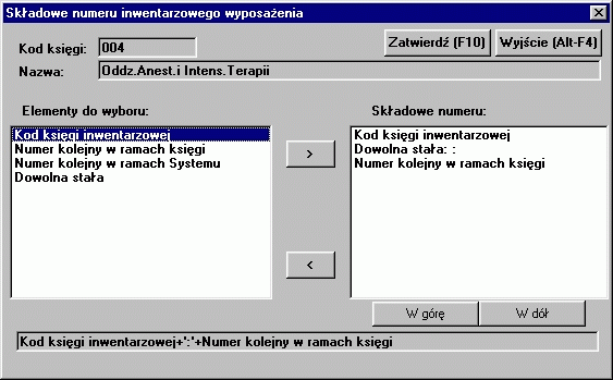 Pomoc Kod księgi i Nazwa są generowane automatycznie w zależności dla jakiej księgi następuje generowanie numeru. Formatka pozwala na budowę numeru inwentarzowego wyposażenia.